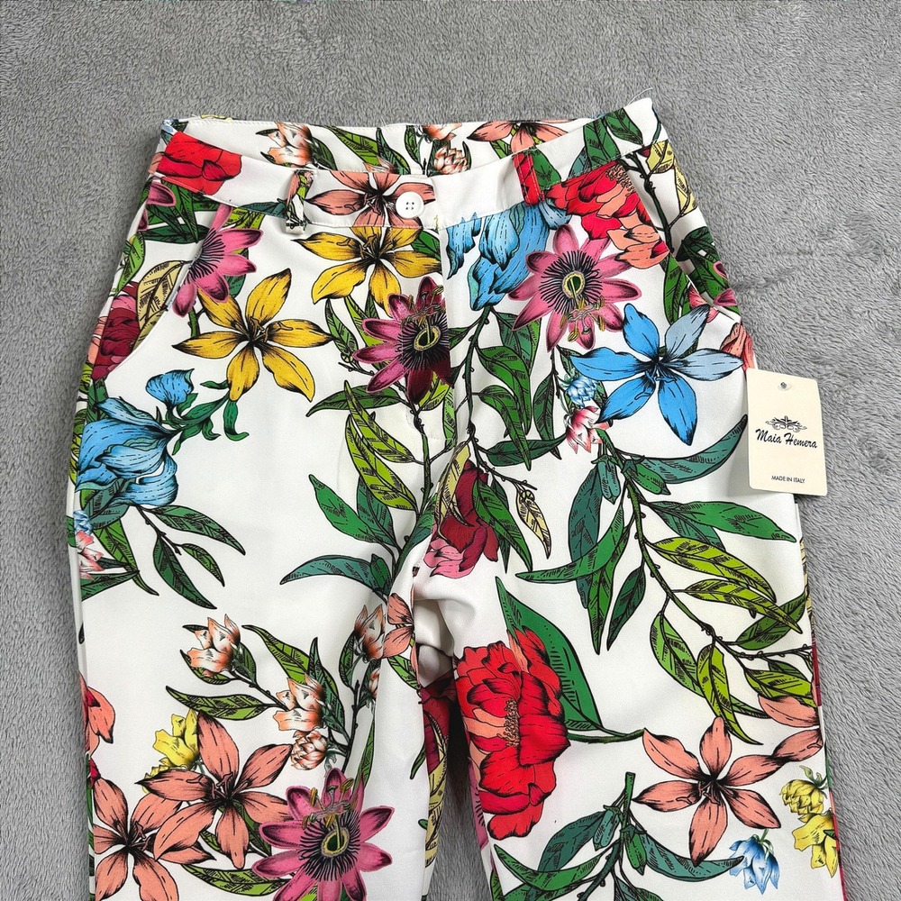 NWT Maia Hemera Made In Italy Floral Print Pants White Multi Color Womens Size M - Picture 7 of 11